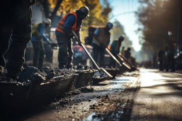 The workers' brigade clears a part of the asphalt with shovels in road construction