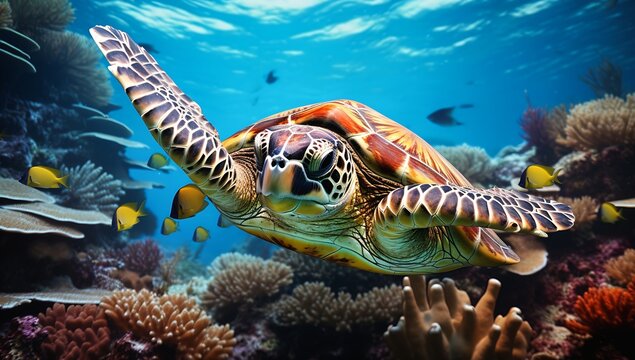 turtle swimming ocean fish profile aquatic devices travel covered coral barnacles floating deep living planet dreamtime bar background reef