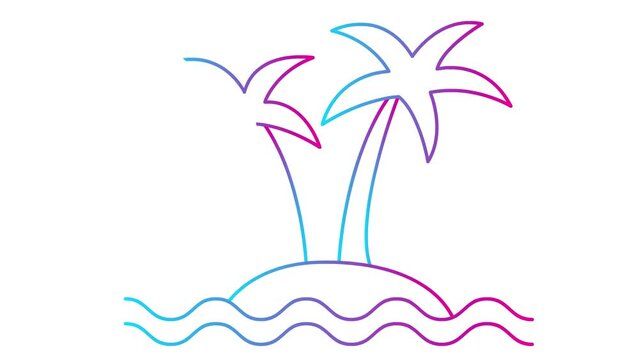 Animated linear icon of two trees of palm on island with waves. pink blue symbol is drawn gradually. Concept of tourism, travel, vacation. Vector illustration isolated on white background.
