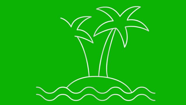 Animated linear icon of two trees of palm on island with waves. silver symbol is drawn gradually. Concept of tourism, travel, vacation. Vector illustration isolated on green background.