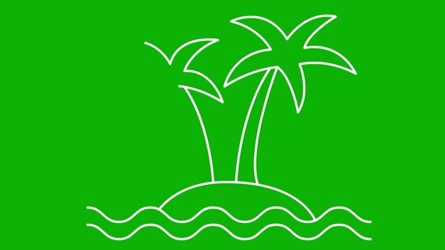 Animated linear icon of two trees of palm on island with waves. white symbol is drawn gradually. Concept of tourism, travel, vacation. Vector illustration isolated on green background.