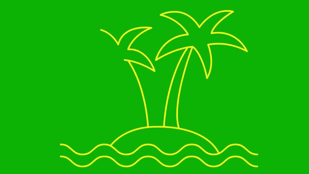 Animated linear icon of two trees of palm on island with waves. yellow symbol is drawn gradually. Concept of tourism, travel, vacation. Vector illustration isolated on green background.