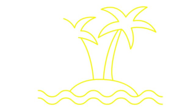 Animated linear icon of two trees of palm on island with waves. yellow symbol is drawn gradually. Concept of tourism, travel, vacation. Vector illustration isolated on white background.