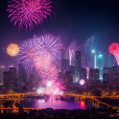 the Fireworks over the big city new year celebrating generative ai illustration art