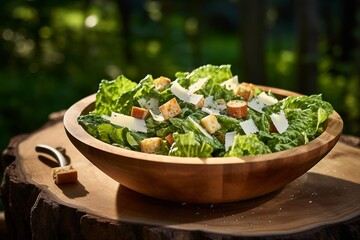 Salad Serenity: Fresh Caesar Salad in a Wooden Bowl