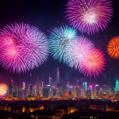the Fireworks over the big city new year celebrating generative ai illustration art