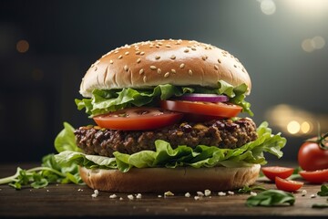Hamburguesa vegana con tomate, lechuga, cebolla y pan con semillas