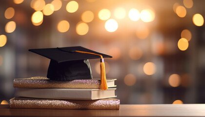 graduation cap and books