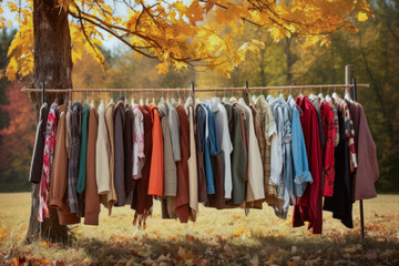 Nature lighting of many clothes hanging in row for autumn clothes change in the background of forest autumn season. - obrazy, fototapety, plakaty