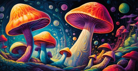 mushrooms forest bubbles spectrum vibrancy loony toons nuclear mushroom smoke houses shape standing outer space backdrop - obrazy, fototapety, plakaty