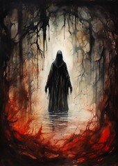 person standing swamp blood ground wraith walking down darkness death metal poster album cover promotional wanderer earth depths road entertainment premiere - obrazy, fototapety, plakaty