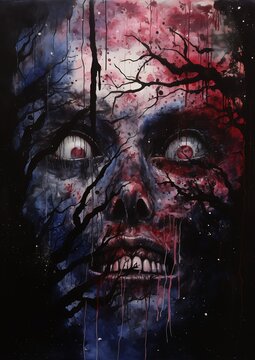 creepy face blood dripping down hauntingly zombie blue red quasar branches reaching sky portrait white tar daughter necro frightful