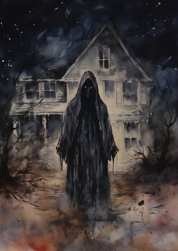person black robe standing front house horror cover graphic novel blood air sleep paralysis demon metal deep color dying earth iron maiden album gloom grey