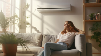 Relaxed young female sitting on huge comfortable couch, enjoying modern air conditioner system in her home.