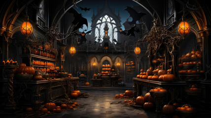 Antique Halloween-Themed Food Store with AI-Generated Pumpkin Decorations - obrazy, fototapety, plakaty