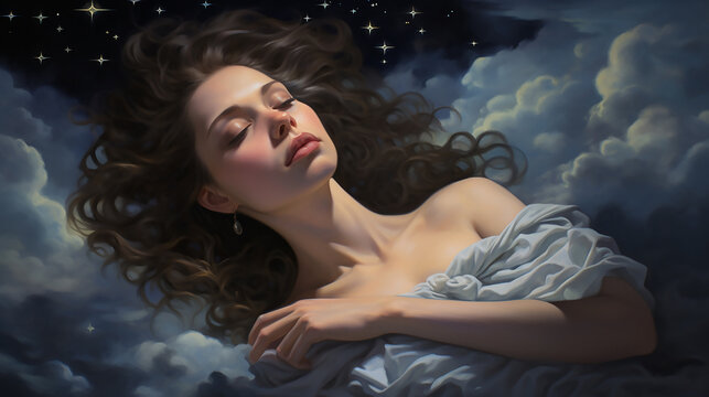 Beautiful young woman is sleeping in the sky on clouds. Lush hair accentuates her beauty. Her face is calm and peaceful. She has beautiful dreams. The starry sky. Close-up. Copy space.