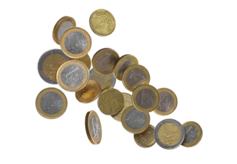 Euro coins flying isolated on white, clipping