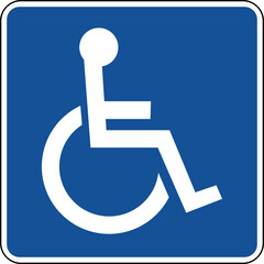 Transparent PNG of a Vector graphic of a blue usa Handicapped Accessible mutcd highway sign. It consists of a silhouette of a handicapped person in a wheelchair contained in a blue square - obrazy, fototapety, plakaty