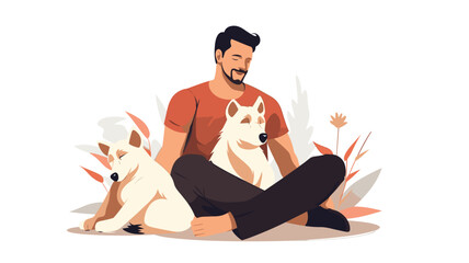 simple vector illustration, people cuddling with dogs, copy space. People cuddling with a dog. Animal wellbeing, animal health.