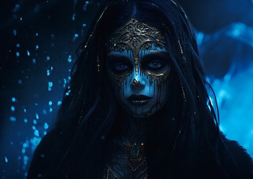 woman face painted skeleton room blue gold girl glittering skin shamans creatures night clothed ancient enclosed pale filigree frostbite jeweled