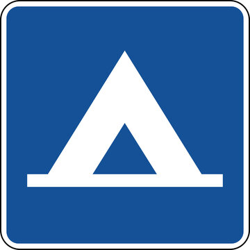 Transparent PNG of a Vector graphic of a blue usa camping mutcd highway sign. It consists of a silhouette of a ridge tent contained in a blue square