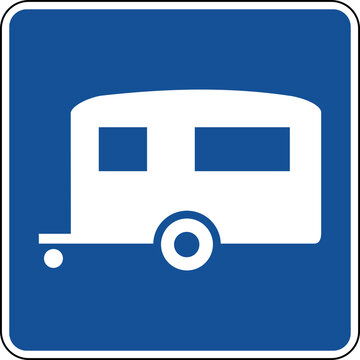Transparent PNG of a Vector graphic of a blue usa trailer camping mutcd highway sign. It consists of a silhouette of a  trailer or caravan contained in a blue square
