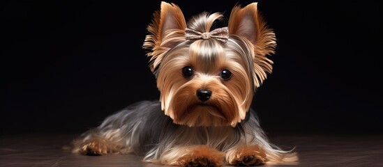 Yorkshire Terrier post haircut and grooming rests on white background