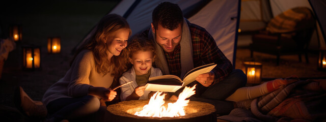 Parent reads a book to a child while camping in a tent in the countryside