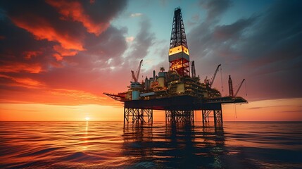 A platform on the water, an oil rig, an industrial enterprise for the extraction of oil, gas and other resources. - obrazy, fototapety, plakaty