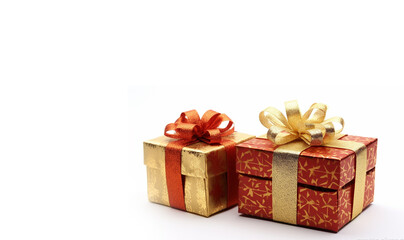 Obraz premium Realistic pile golden and red gifts boxes.Decorative festive object. New Year and Christmas design. Holiday banner, poster, flyer, stylish brochure, greeting card, Xmas background