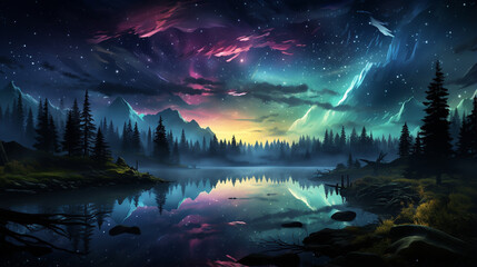 beautiful psychedelic aorora sky full of clouds and stars, generative forest scene ai