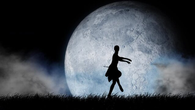 Portrait of professional dancer. Close up of beautiful female ballet dancer performing pirouettes on big full moon background with sky and clouds.