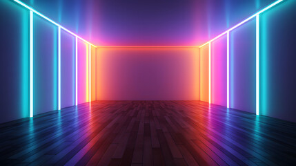 Abstract futuristic sci-fi empty room with glowing neon lights on dark background with reflection