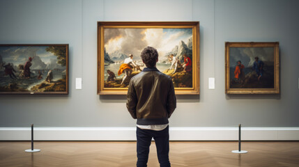 Man looks at paintings in a gallery during an exhibition