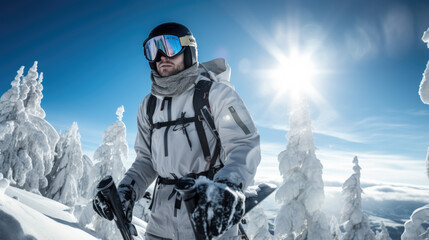 Portrait of a male skier in helmet and winter clothes on the background of snow-covered mountain slope
