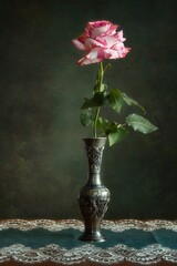 Single rose in copper vase on a table
