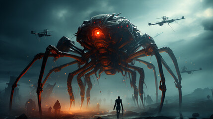 big spider alien robot in the sky with and modern surrealism people, generative ai