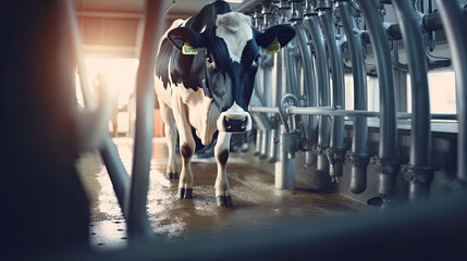 A farmer man cow milking with facility and modern mechanized milking equipment. Generative Ai