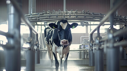 A dairy cow is being milked in cow milking facility. Generative Ai - obrazy, fototapety, plakaty