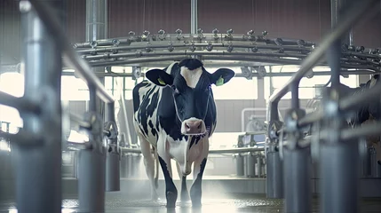 Deurstickers A dairy cow is being milked in cow milking facility. Generative Ai © tong2530