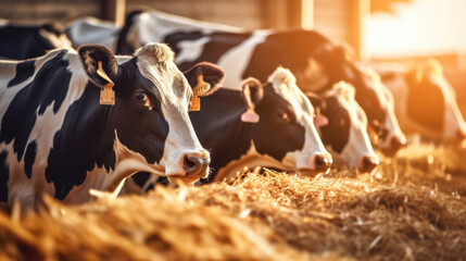 Cows at cowshed eating hay or fodder on dairy farm. Generative Ai - obrazy, fototapety, plakaty