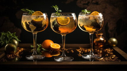 Three cocktails, lined up next to each other, with orange ones