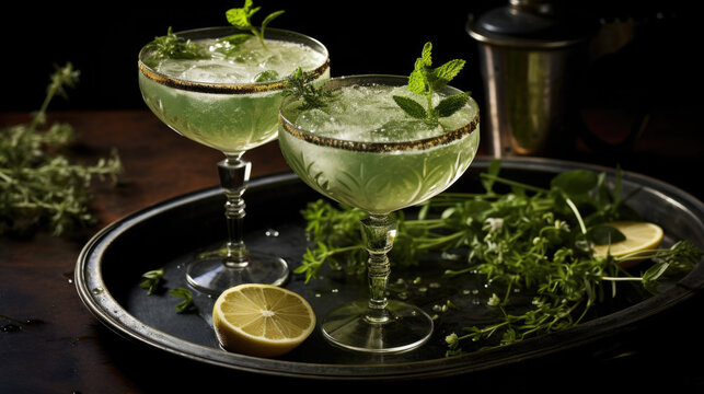 Delicious Cocktails With Lime Are On A Tray Ready To Drink