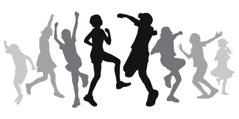 Happy children silhouettes dancing together
