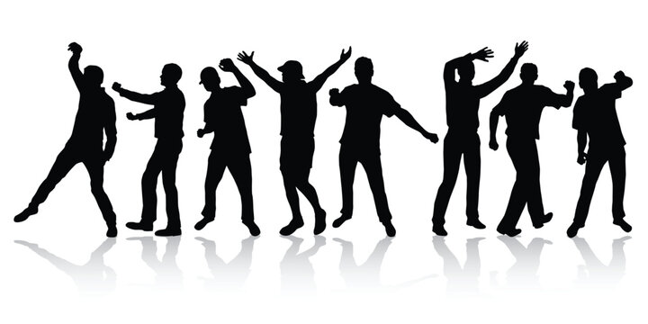 Happy men silhouettes dancing in a group