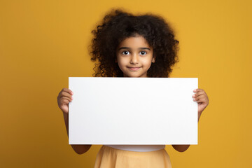 indian little girl showing empty banner on yellow background.