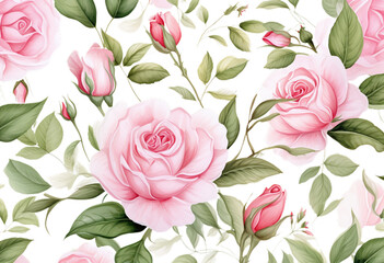 Rewrite: "Watercolor depiction of delicate pink roses and leafy foliage with a transparent background in PNG format."