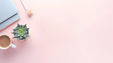 Stylish Workspace with Laptop, Smartphone, and Succulent - Feminine Banner/Heade