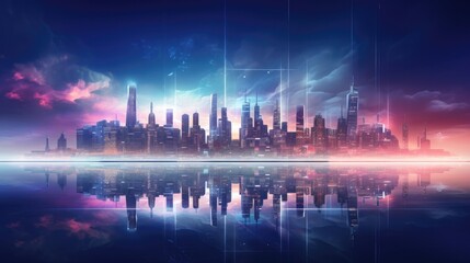 cityscape with space and neon light effect. Modern hi-tech, science, futuristic technology concept. Abstract digital high tech city design for banner background