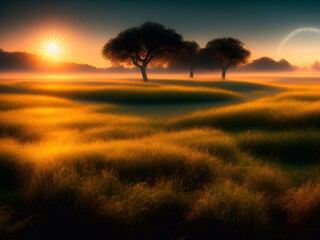 Obraz premium Grassland and morning sunlight background image for Hope, the beginning of a new life, happiness,freedom, warmth generative a